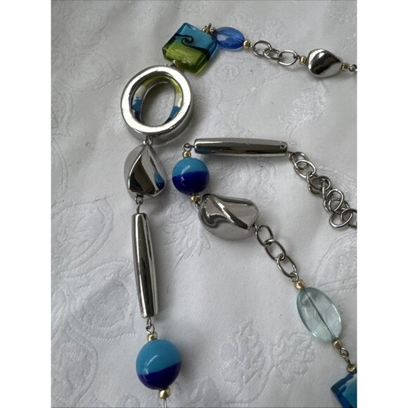 Chicos Blue Green Faux Glass SIlver Tone 18" Long Statement Necklace NEW - Picture 11 of 16